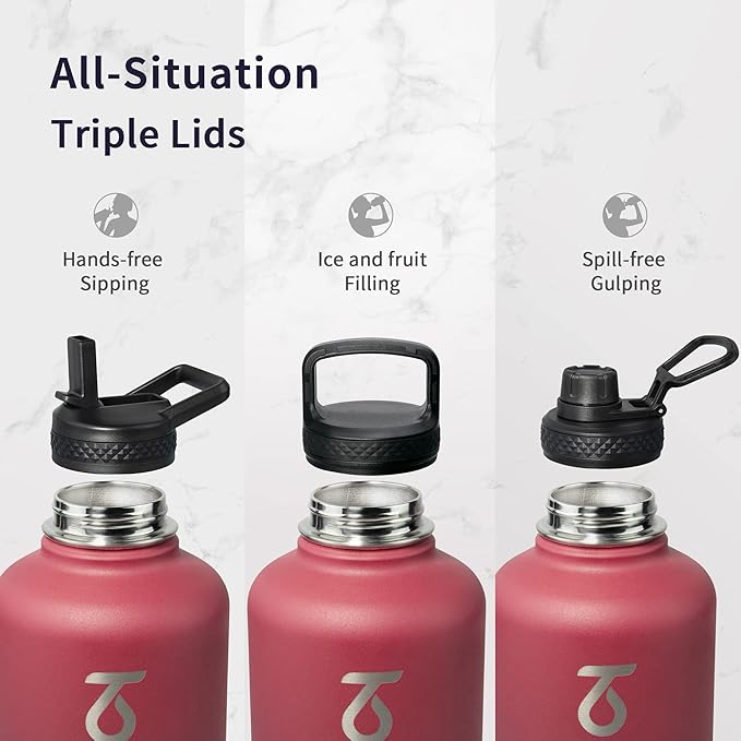 Trebo Half Gallon Water Bottle with Paracord Handle 64oz Wide Mouth Insulated Double Wall Stainless Steel Large Sports Flask Keep Hot 24 Hours & Cold 48 Hours Water Jug with 3 Lids Ombre: Ruby Red