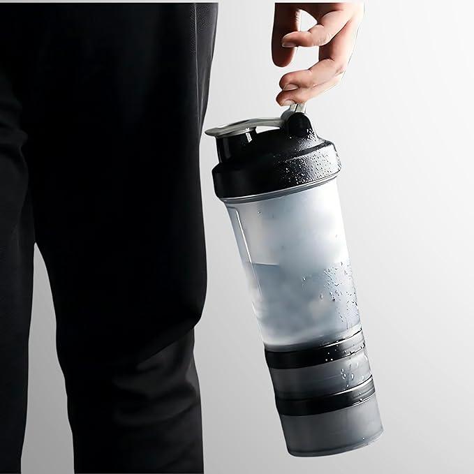Protein Shaker Bottle with Storage Compartments | Pre-Workout, Protein, Supplements | 16.9 oz (500 ml) [Clear]
