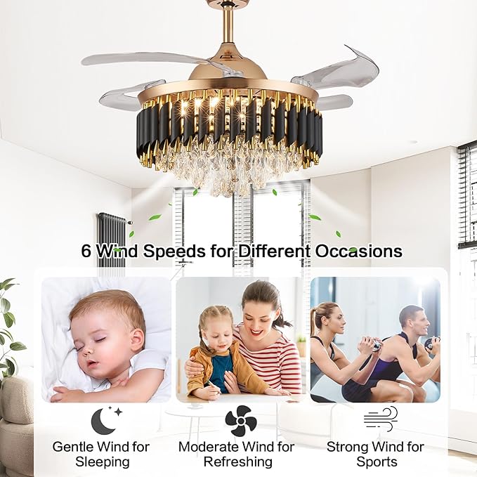 52" Gold Chandelier Ceiling Fans with Lights Crystal Ceiling Fan Chandelier Ceiling Fan with Lights Retractable Blade Fandelier Bladeless Ceiling Fans for Dinning Room Living Room Kitchen Foyer