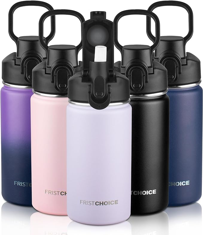 Kids Insulated Water Bottle with Straw,14oz Stainless Steel Water Bottle,BPA-free and Leak-proof,Double Wall Vacuum Water Flask for School,Gifts for Boys and Girls（14oz,Lavender）