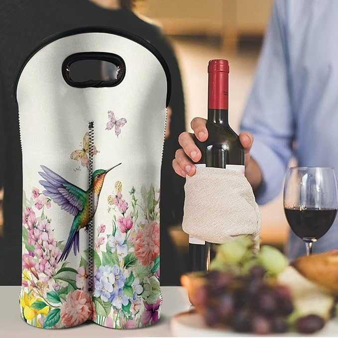 doginthehole Neoprene Wine Tote Hummingbird Wine Carrier Bag with Divider for Travel, Portable Wine Gift Bag Insulated Sleeve Champagne Carrier Bag