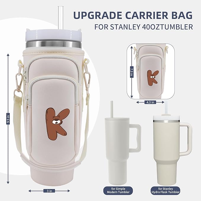 Water Bottle Carrier Bag with Phone Pocket for Stanley 40 oz Tumbler Neoprene Water Bottle Holder Pouch with Adjustable Strap Bollus with Straw Cover & Carabiner for Stanley Cup Accessories