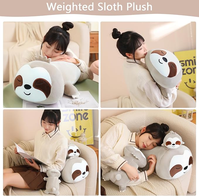 SQEQE Weighted Sloth Plush, Weighted Sloth Stuffed Animal for Anxiety, Cute Sloth Plushies Sloth Pillow Toy Gift for Kids Adults Brown 23.6 Inch, 3.1 lbs
