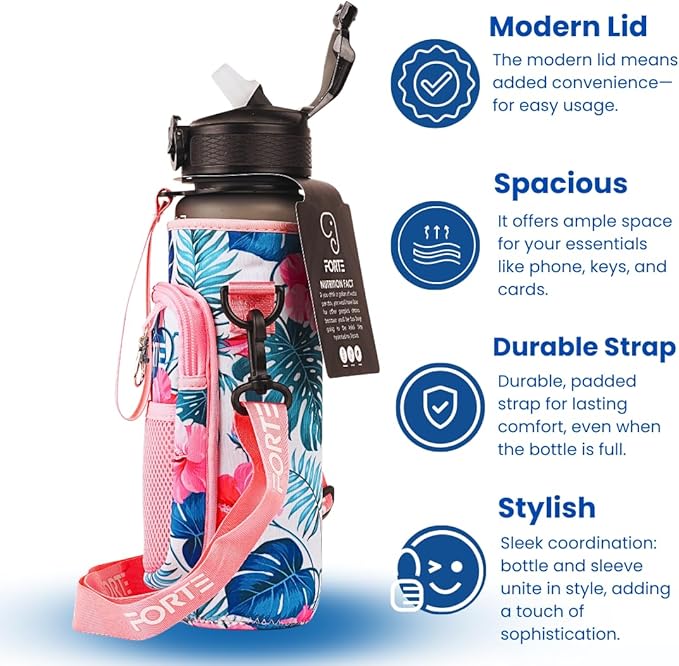 FORTE Plastic Water Bottle with Sleeve - BPA-Free Water Jug with Leak Proof Lid and Straw - Perfect for Gym, Office, and Everyday Use (Floral)