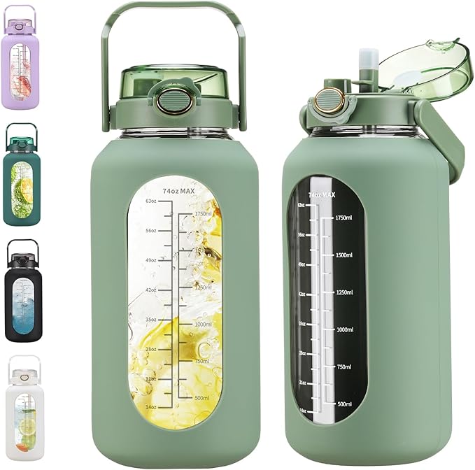 74 oz Glass Water Bolttles with Straw Large Motivational Water Bottle with Time Marker Sports Water Bottles with Silicone Sleeve and Handle Lid 2.2L Water Jug for Gym Workout