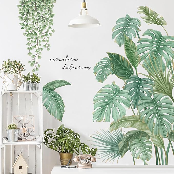 Green Plant Wall Stickers, Boho Tropical Plants Wall Decals for Living Room, DIY Wall Art Decor Murals Wallpaper Home Decorations for Living Room Bedroom Door Decor
