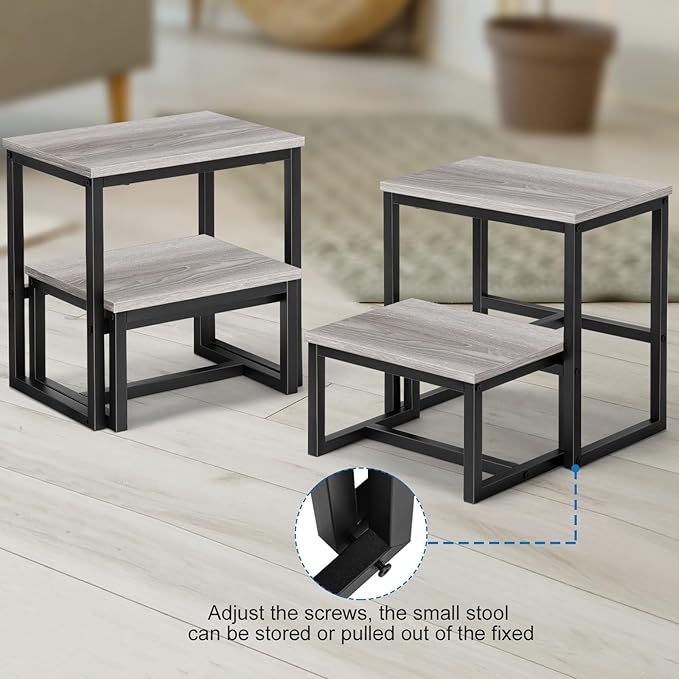 LIANTRAL Step Stools for Adults Kids, 3 in1 Heavy Duty Sturdy Two Step Stool, Supports Up to 500lb, Wooden Board Metal Frame, Foot Stool for High Bed Kitchen Bathroom - Grey