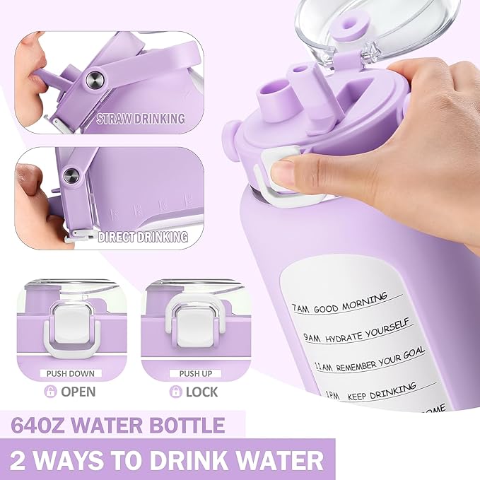 BLUEGO 64oz Insulated Water Bottle with Straw and Handle Leakproof Half Gallon Wide Mouth Motivational Water Bottle, 2-IN-1 Straw Spout Lid Stainless Steel Water Jug for Sport Travel Gym-Purple