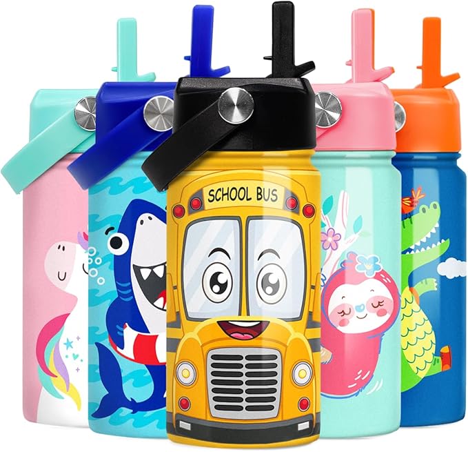 School Bus Water Bottle - Kids Water Bottle with Straw Lid - 12 Oz Insulated Stainless Steel Water Bottles for Toddlers Kid Boys - Travel Cup for School Sports