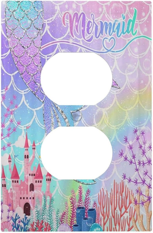 Silvery Glitter Cute Mermaid Tail Fantasy Castle Single Duplex Wall Plate Covers Light Switch Cover 1 Gang Outlet Plate Decorative Switchplate Covers Electrical Faceplate for Kidroom Nursery Decor