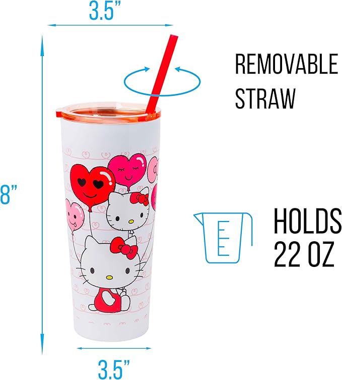 Silver Buffalo Hello Kitty Heart Balloons Double Walled Stainless Steel Tumbler with Straw, 22 Ounces
