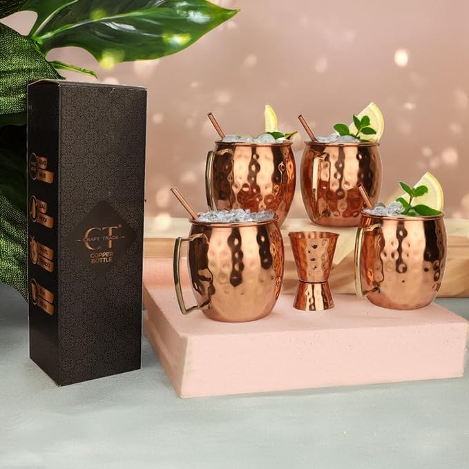 Moscow Mule Copper Mugs - Set of 4 Mug with Shot Glass 100% Handcrafted 16 oz Set with Premium Quality Cocktail Copper Straws and Jigger! - Pure Solid Mugs 4 Perfect Cocktail Mug