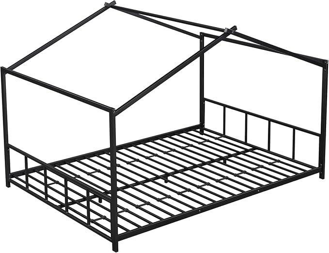 Full Size Montessori Floor Bed with Headboard and Footboard, Metal House Bed Frame with Soundproof Strip for Children, Toddlers, Boys, Girls Bedroom, Kids Playroom, No Box Spring Needed(Black)