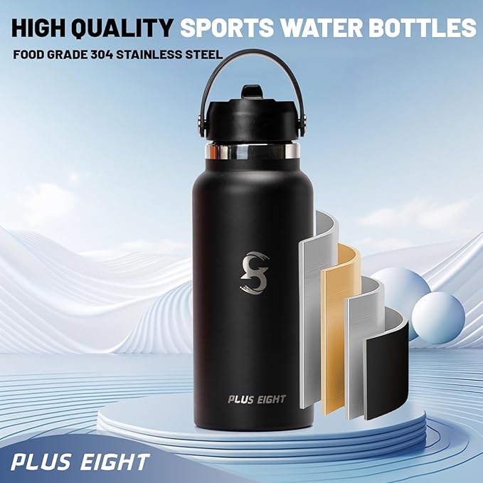 Sports Water Bottle, 32 oz Insulated Water Bottle With Straw, Stainless Steel Water Bottle Wide Mouth for Sports, Gym or Office, BPA-Free Keep Cold 24H Hot 12H (Black)