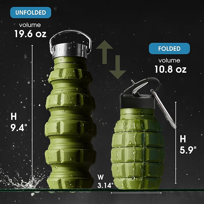Collapsible Water Bottle 19.6 oz Leak Proof - 2 Lids, Carabiner, Gift Box - Reusable Silicone Water Bottle Men for Dad Birthday Gift - Foldable Travel Water Bottle for Gym & Sport - Green Accessories