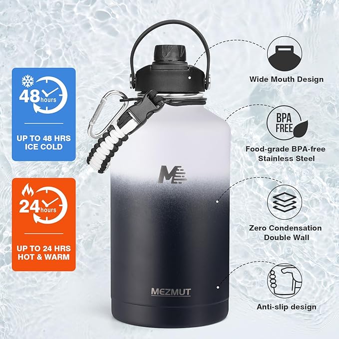 64oz Insulated Water Bottle with Paracord Handle,Half Gallon Water Bottle Jug with Straw & Spout Lids,Stainless Steel Sport Thermo Water Jug Leak-proof Keep Cold Hot for Outdoor Camping Hiking