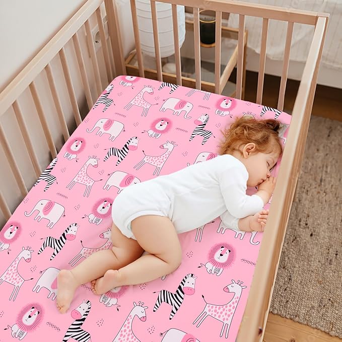 JISEN Baby Crib Sheets Soft Breathable Pink Fitted Crib Sheets Baby Sheet for Standard Crib and Toddler Mattress Baby Bed Sheets for Crib for Baby Boys Girls Neutral 52x28 Inch Elephant