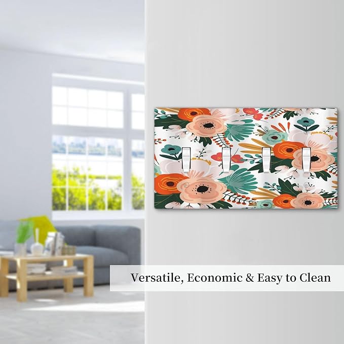 Rustic Floral Boho Colorful Flower Quad Toggle Light Switch Covers 4 Gang Wall Plate Decorative Switchplate Electrical Faceplate for Farmhouse Bathroom Bedroom Kitchen Decor