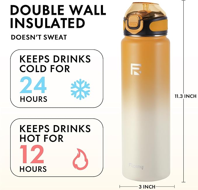 32 oz Insulated Water Bottle with Straw, Stainless Steel Metal Thermos Bottles, Durable Non-Slip Gradient Bottle with Strap for Sports and Travel, Leak Proof (Yellow White)
