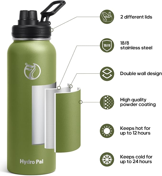 Insulated Water Bottles 40 oz with 2 Leak Proof Lids & Water Bottle Holder, Wide Mouth Sport Water Bottle with Straw, Reusable Stainless Steel Water Flask, Double Walled Vacuum Thermos