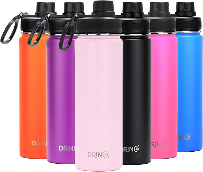 DRINCO Stainless Steel Water Bottle Spout Lid Vacuum Insulated Double Wall Water Bottle Wide Mouth (40oz 32oz 22oz 18oz 14oz) Leak Proof Keeps Cold or Hot (22 oz, 22oz Flamingo Pink)