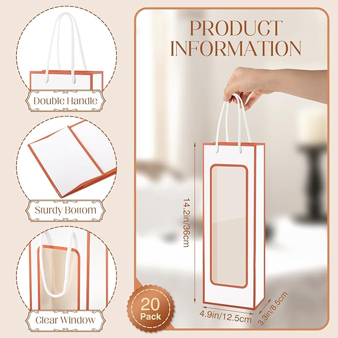 Cyblinia Wine Gift Bags, 20 Pcs Paper Wine Bags Wine Bottle Gift Bags with Window Appreciation Gift Bags For Wine Bottles Gifts,Wedding, Party