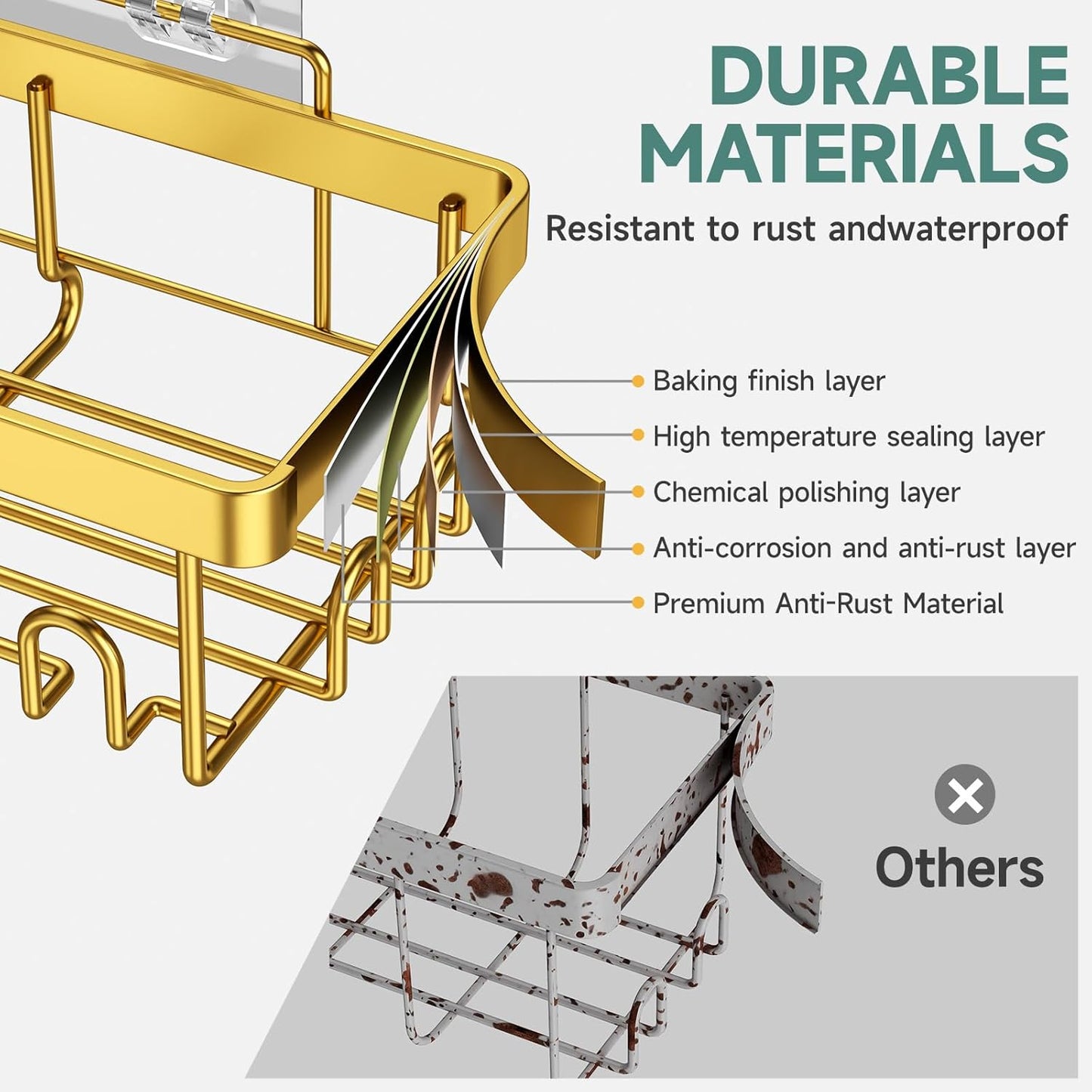 Veken Adhesive Shower Caddy 6-Pack,Gifts for Women Mom,Heavy Weight Bearing,Large Wall Mounted Bathroom Shelves Rack,Organizer Storage Accessories with Soap Dish&Toothbrush Holder,Bright Gold