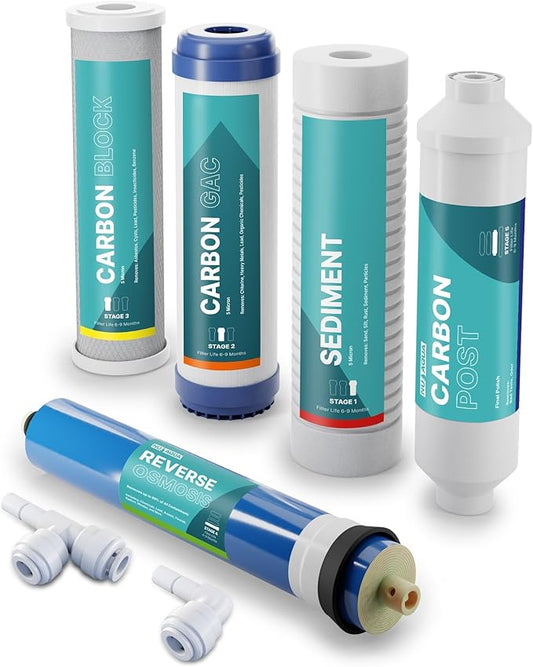 NU Aqua Reverse Osmosis Water Filter System Replacement Set - 5 Stage Under Sink Kit - Includes Membrane, Sediment, Carbon Filters, Parts & Fittings - Universal Undersink RO Filtration Cartridge Pack