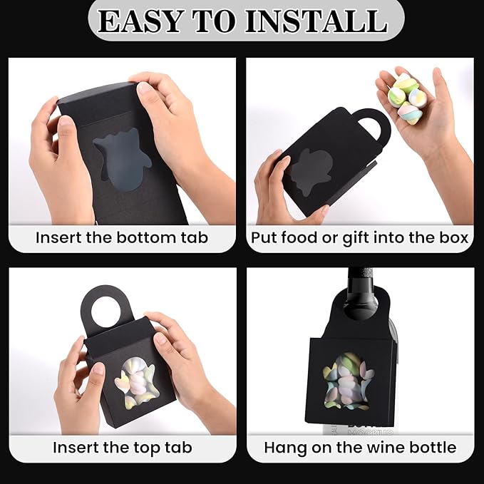 Megitzuu 30PCS Wine Bottle Box with Window, Kraft Paper Wine Boxes for Halloween Gifts Hanging Pumpkin Treat Box Mini Charcuterie Boxes Wine Bottles Gift Bags Goodies Candy Box Party Favor (Black)