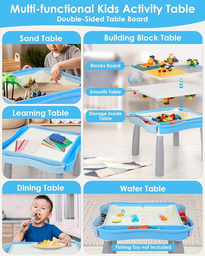 Kids Activity Table and Chair Set with 320Pcs Building Blocks, All in One Sand/Water/Sensory Desk with Storage, STEM Toys Toddler Learning Playset Table for Boys Girls Gifts 3 4 5-10 Years Old