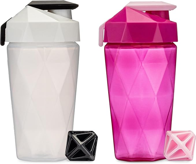 Classic 20oz Blender Shaker Bottle | Protein Shaker Bottle with Diamond Agitator | Shaker Cup with Carrying Handle and Dishwasher Safe | 2-Pack - White & Raspberry