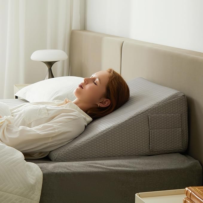 Wedge Pillow for Sleeping, 8 inch Elevated Support Bed Wedge Pillow, Breathable Triangle Pillow Wedge with Cooling Memory Foam Top - Removable Washable Cover, Grey