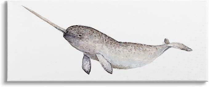 Stupell Industries Baby Narwhal Watercolor Painting Children's Nursery Aquatic Animal Canvas Wall Art, 48 x 20, Grey