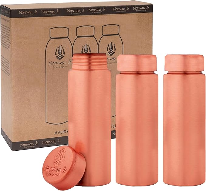 Copper Water Bottle 400ml - Gift Box of 3, Slim Plain, an Ayurvedic vessel made from pure copper - helps you drink more water, with many health benefits
