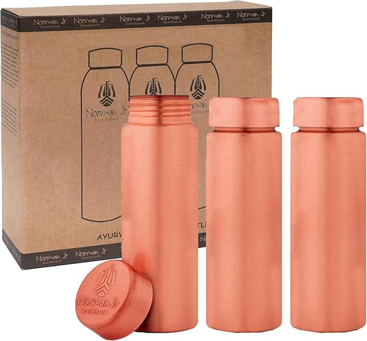 Copper Water Bottle 400ml - Gift Box of 3, Slim Plain, an Ayurvedic vessel made from pure copper - helps you drink more water, with many health benefits