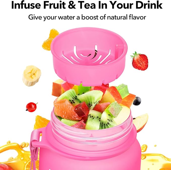 32oz/26oz Motivational Water Bottle with Time Marker & Fruit Strainer, Leak-proof BPA Free Non-Toxic 1l Bottle with Carrying Strap, Perfect for Fitness, Gym and Outdoor Sports, Plastic