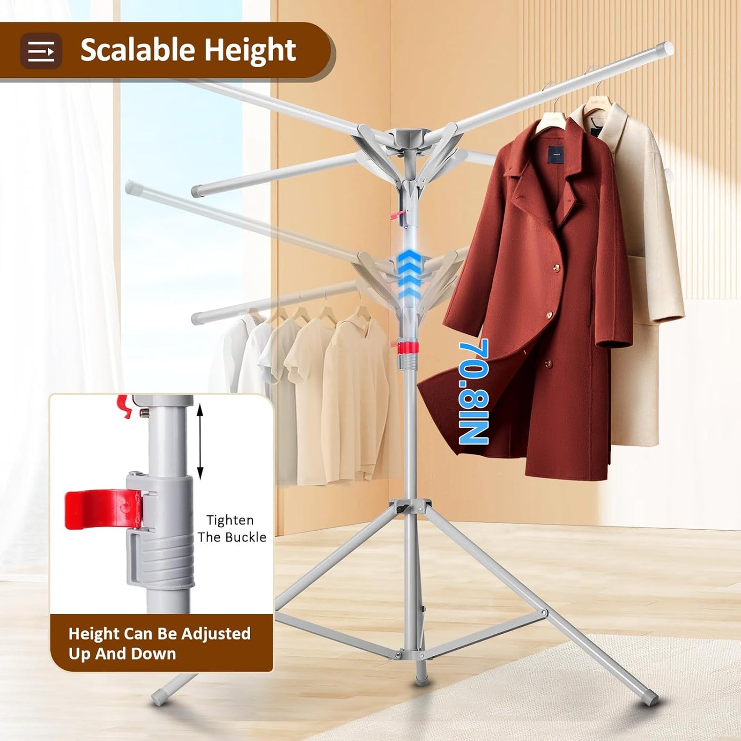 Tripod Drying Rack Height Adjustable, 2025 Upgraded Foldable Portable Standing Drying Rack,Carbon Steel Material Drying Rod, Easy to Install,Use for Indoor and Outdoor Clothes, Towel Drying