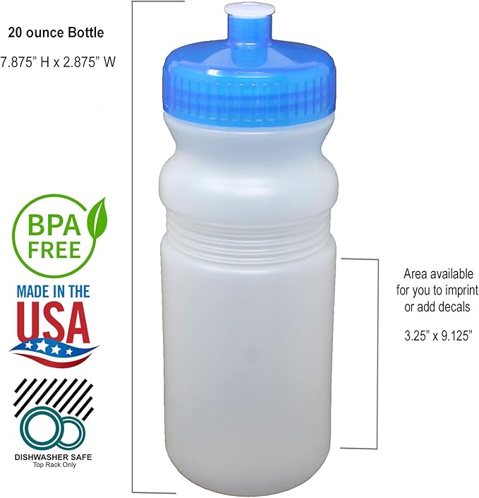 Rolling Sands 20 Ounce Sports Water Bottles 6 Pack, BPA-Free, Made In USA, Dishwasher Safe, Clear Frost Bottles/Blue Lids