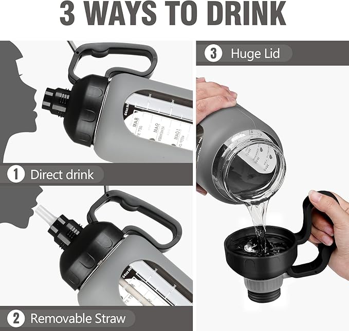 MUKOKO 64oz Glass Water Bottles with Straw, Half Gallon Water Bottle with Time Marker, Motivational Water Bottle with Silicone Sleeves,Large Glass Water Bottle for Gym,Working,Outdoor,Grey