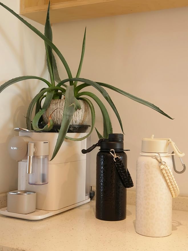 32oz Insulated Water Bottle with Paracord Handles & Strap, 2 Lids(Straw Lid&Spout Lid), Stainless Steel Reusable Wide Mouth Metal Water Bottle With Straw, Double Walled, Thermo Mug,（White Leoqard)