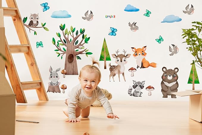 Animals Wall Decals for Kids by Lipastick – Cartoon Animal Wall Stickers – Forest Animal Wall Decals for Kids Boys Baby Girls – Kids Wall Decals Bear Fox Deer Hare Raccoon Owl S Size