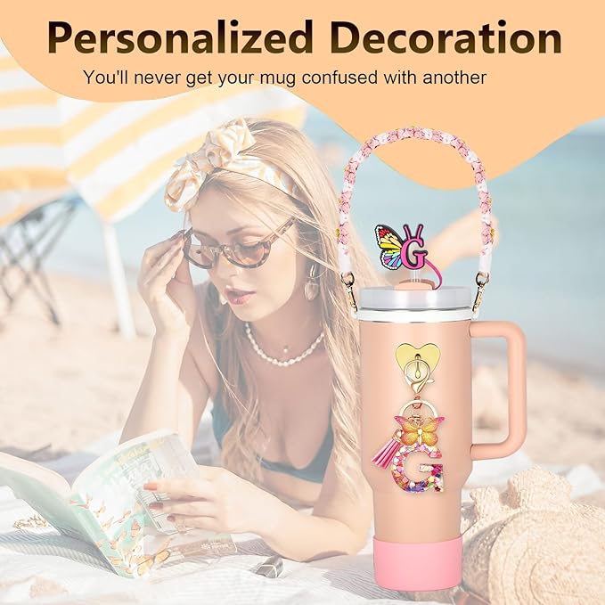 SPORCLO Stanley Cup Accessories Include Silicone Stanley Straw Cover, Butterfly Letter Keychain Charms, Water Bottle Handle Strap, Boot and Chain for Stanley Cup 30oz 40oz Tumbler