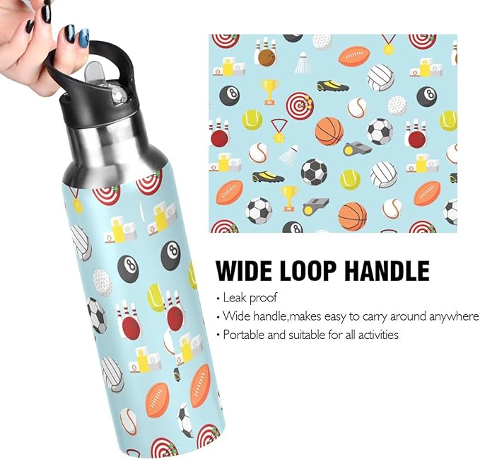 Sport balls Stainless Steel Water Bottle with Straw Lid - 20 Oz Sports Insulated Water Bottle Thermos for Sport Gym Outdoor Travel School (DZ001)