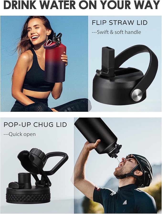 Gallon Water Bottle Insulated 128oz - Stainless Steel Water Bottles Keep Cold 48H, Fitness Sports Water Bottle with Straw & Spout Lid, Paracord Handle, Carrier Bag with Strap,Black 128 OZ Jug