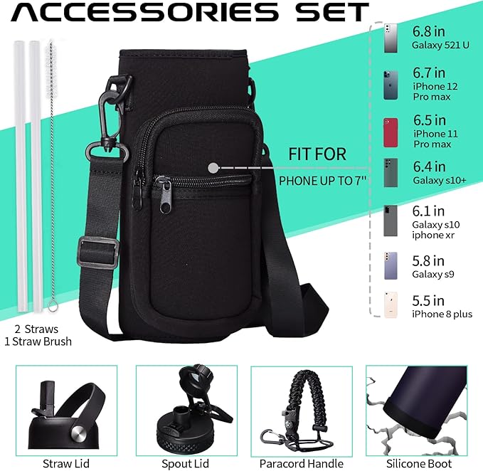 Stainless Steel Water Bottle 40oz with Straw & Auto Spout Lids, Paracord Handle, Insulated Water Bottle Carrier Bag & Bottle Protective Boot, Thermo Flask Metal Canteen Bottle Keep Cold-48H & Hot-24H