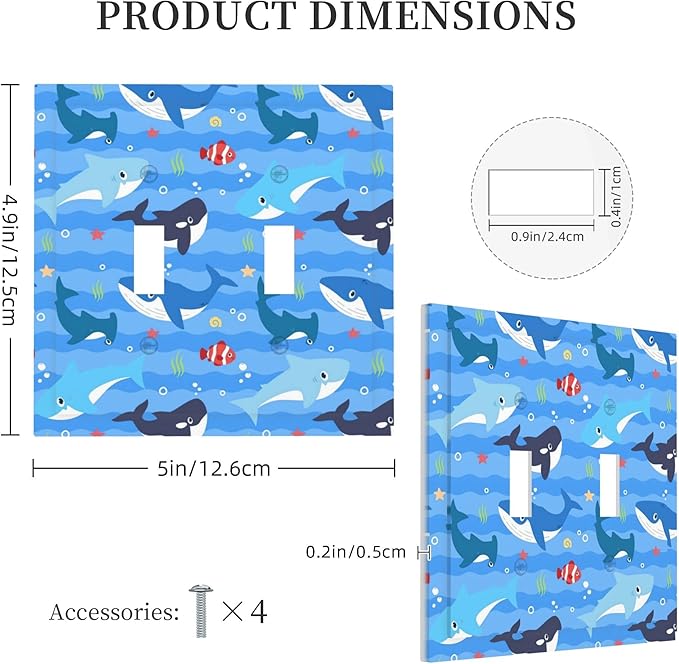 Sharks and Ocean Fish Double Toggle Light Switch Covers 2 Gang Wall Plate Dual Decorative Switchplate Electrical Faceplate for Bathroom Country Kitchen Bedroom Decor, 4.9" x 5"