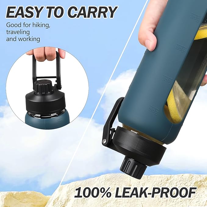 Glass Water Bottles with Straw -32oz- Water Bottle Phone Holder for Gym Large Motivational Water Bottle with Time Marker Glass Drinking Bottles 2 Lids - Spout & Bamboo Straw Lid(Dark Blue)