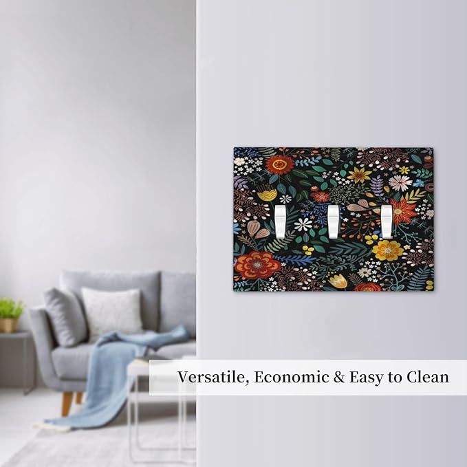 Vintage Colorful Flower Boho Floral Rustic Dark Leaves 3 Gang Light Switch Covers Triple Toggle Wall Plate Decorative Switchplate Electrical Faceplate for Farmhouse Country Bedroom Decor