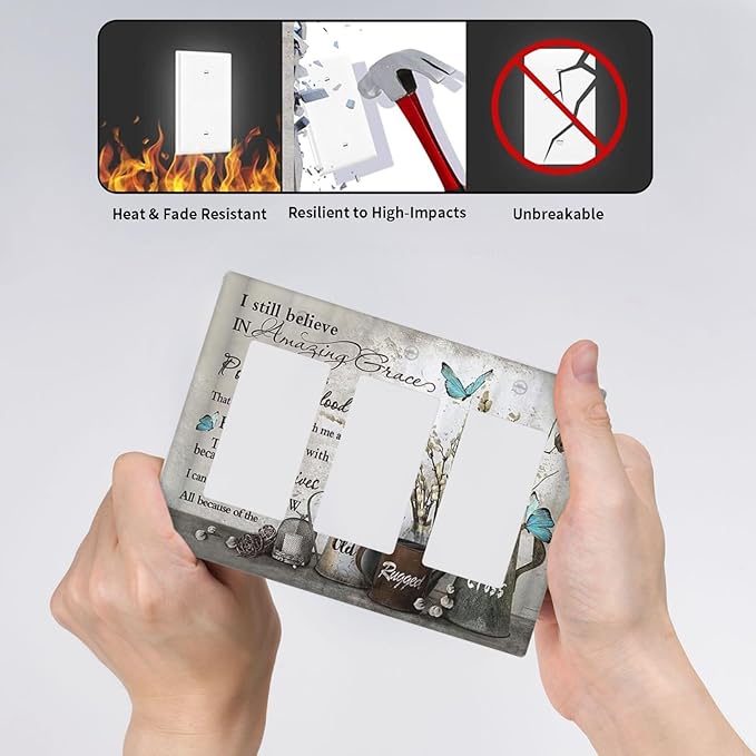 Blue Butterfly Rustic Flower Inspirational Quotes 3 Gang Rocker Light Switch Covers Triple Outlet Wall Plate Decorative Switchplate Cover Faceplate GFCI for Farmhouse Country Bedroom Kitchen Decor