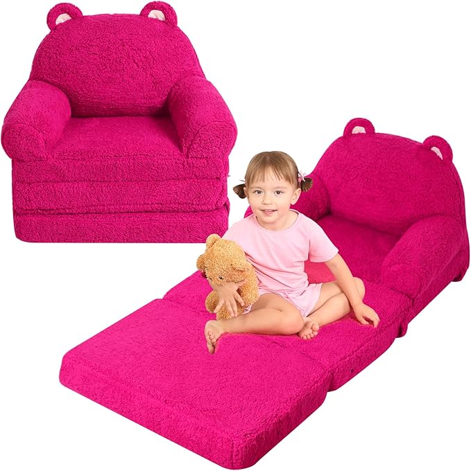 Foldable Kids Sofa, Sherpa Pink Teddy Bear Toddler Couch with Tri Folding Foam Cushions, Comfy Kids Couch for Kids Age 3-6